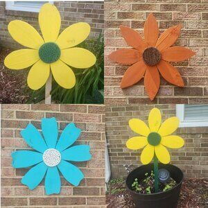Wooden Yellow Flower Yard Decor – Garden Stake or Wall Art for Fence, Porch